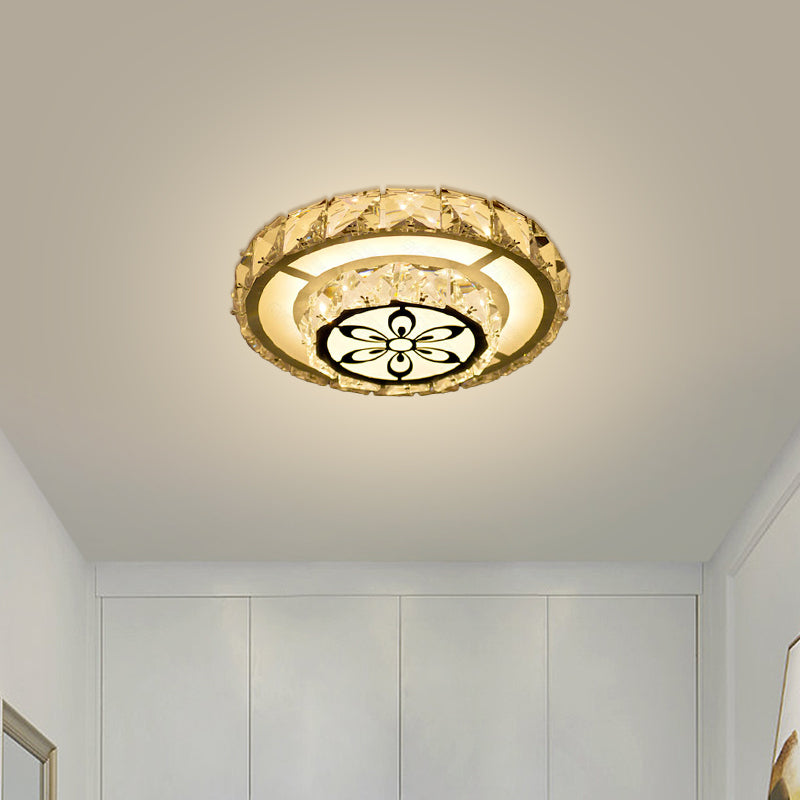 Modernist Round/Square Flush Light Beveled Crystal LED Corridor Ceiling Fixture in White with Flower Pattern, Warm/White Light