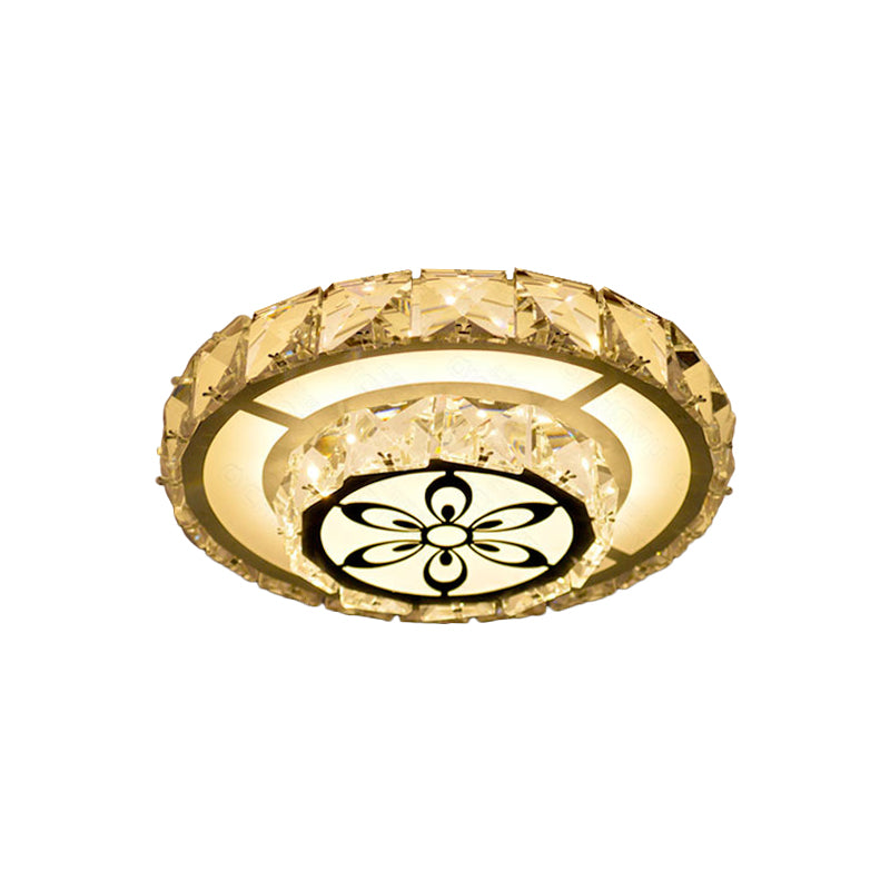 Modernist Round/Square Flush Light Beveled Crystal LED Corridor Ceiling Fixture in White with Flower Pattern, Warm/White Light