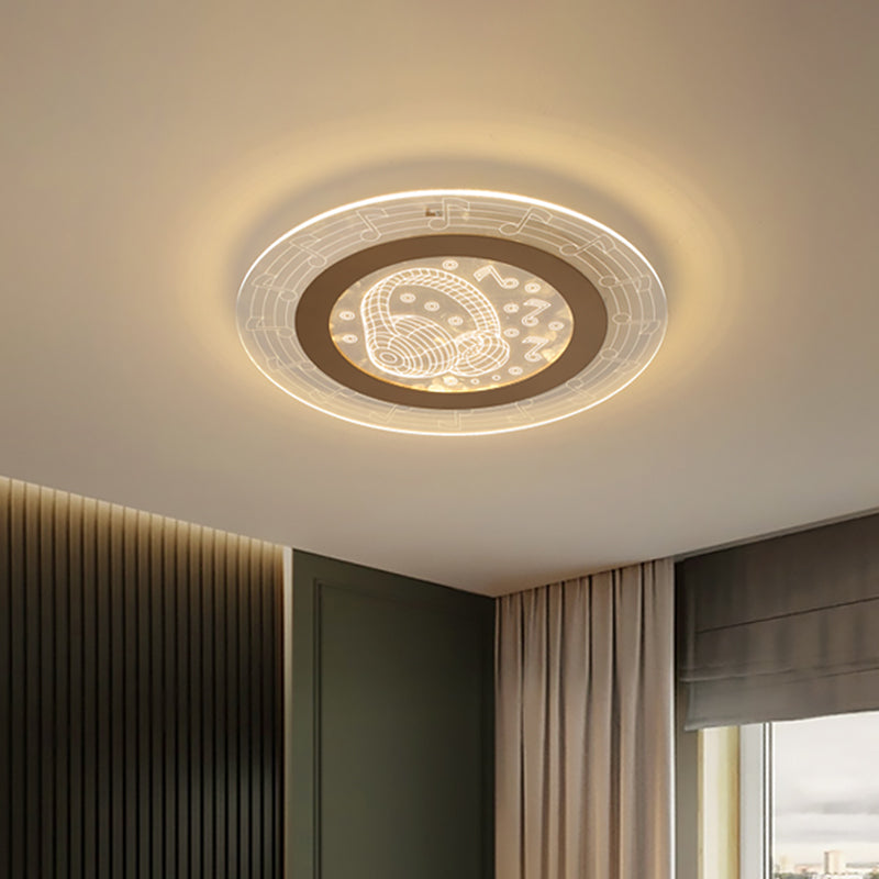 Acrylic Disc Ceiling Lamp Minimalist LED White Flush Mount Fixture with Music Note Pattern, 16"/19.5" W