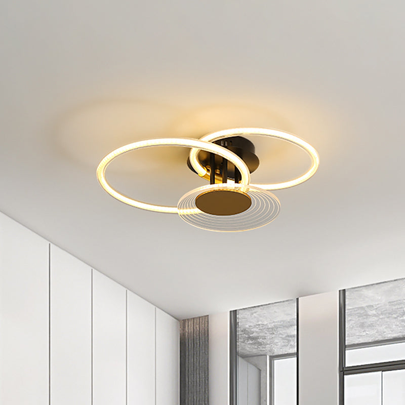 Hoops Acrylic Ceiling Mounted Fixture Contemporary 3/4 Heads Black Semi Flush Light for Restaurant