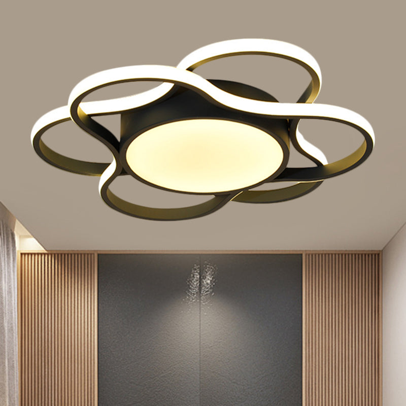 LED Restaurant Ceiling Lamp Simple Black Flush Mount Lighting with Round and Flower Metallic Shade in Warm/White Light