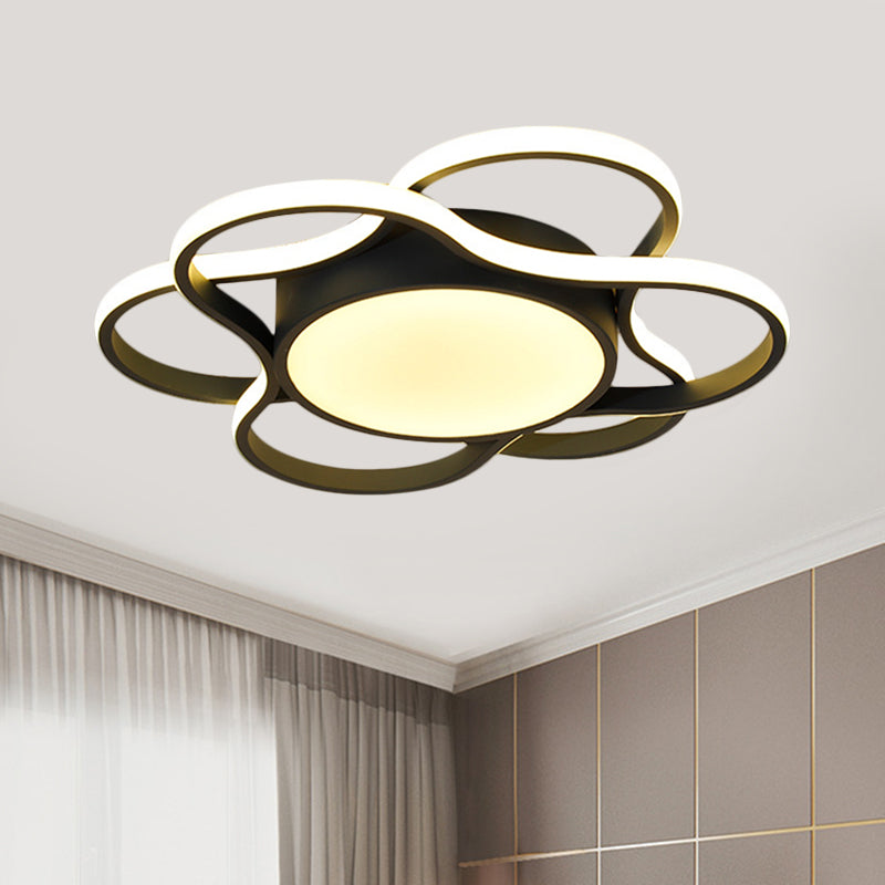 LED Restaurant Ceiling Lamp Simple Black Flush Mount Lighting with Round and Flower Metallic Shade in Warm/White Light