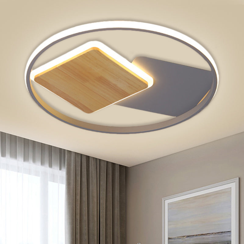 Modern LED Close to Ceiling Lamp Grey Ring and Square Flush Mount Light with Metallic Shade, 16"/19.5" Width