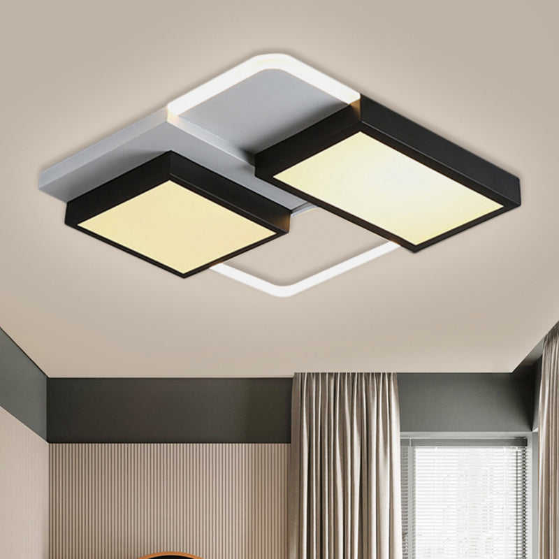 Squared Metallic Flush Mount Lamp Simplicity LED Black Close to Ceiling Lighting in Warm/White Light
