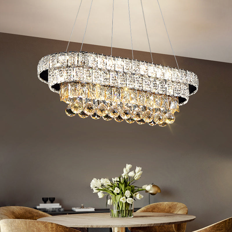 LED Restaurant Island Lighting Ideas Simple Chrome Ceiling Light with Elongated Oval Crystal Shade
