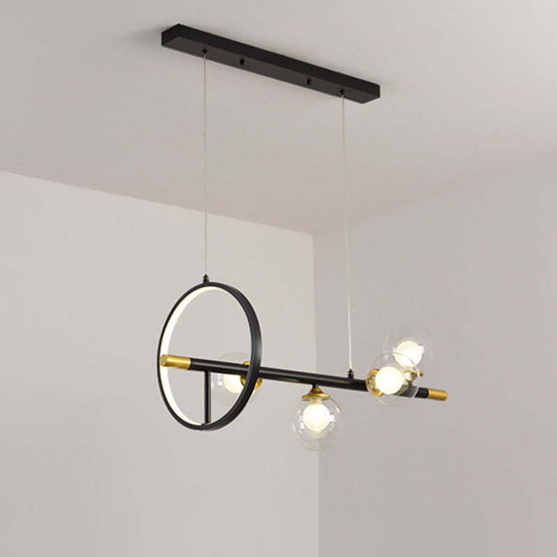 Simple Molecular Island Chandelier Clear Glass 4/6-Light Dining Room Pendant Light Fixture in Black with Metal Ring Deco