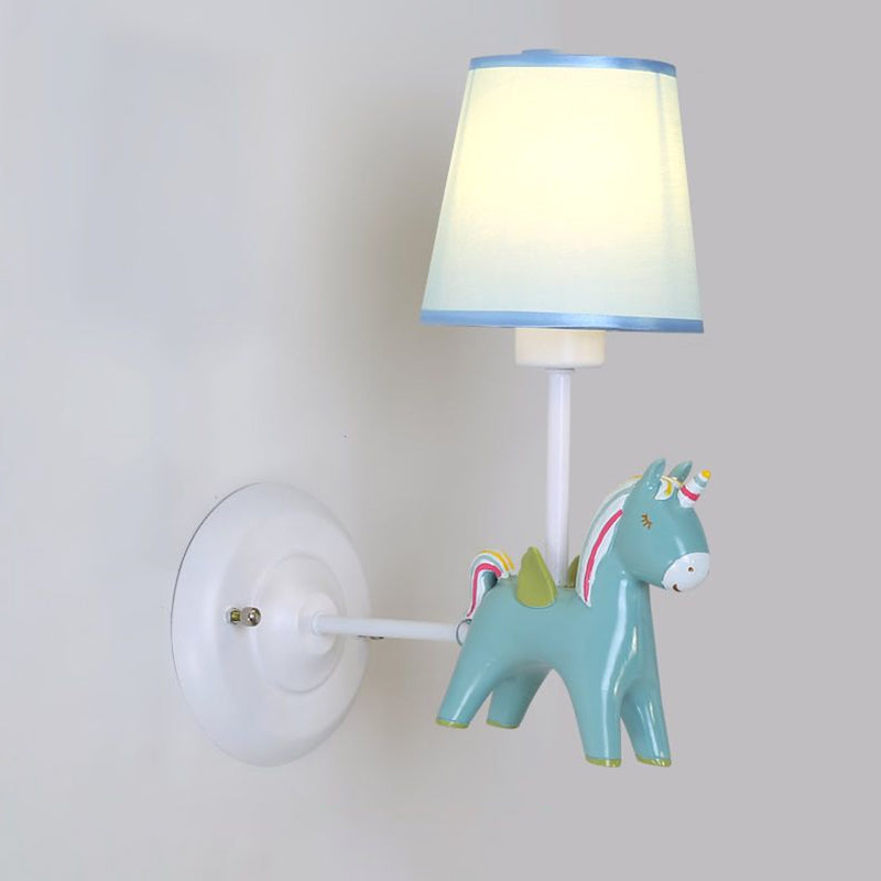 Fabric Conic Wall Mounted Light Macaron 1 Bulb Wall Lighting Ideas with Unicorn Deco in Pink/Blue