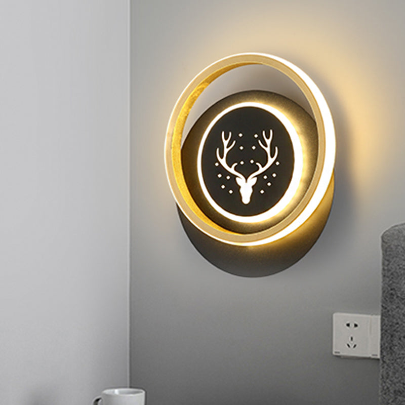 Circle Wall Lighting Ideas Nordic Acrylic 10"/12" Wide LED Bedside Surface Wall Sconce with Antler Design in Black