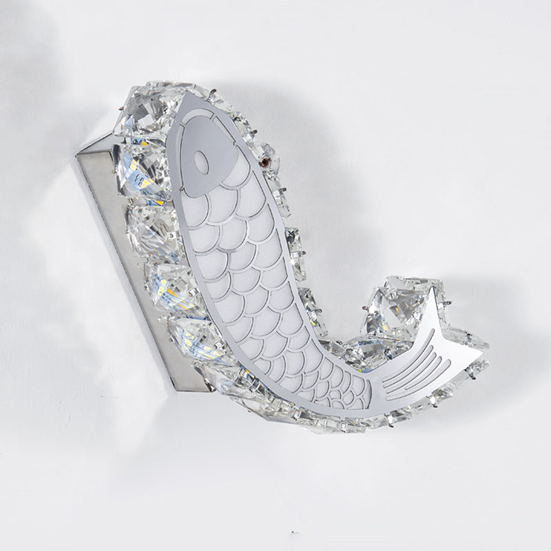 LED Bedside Wall Mounted Lamp Contemporary Chrome Wall Sconce with Carp Crystal Block Shade