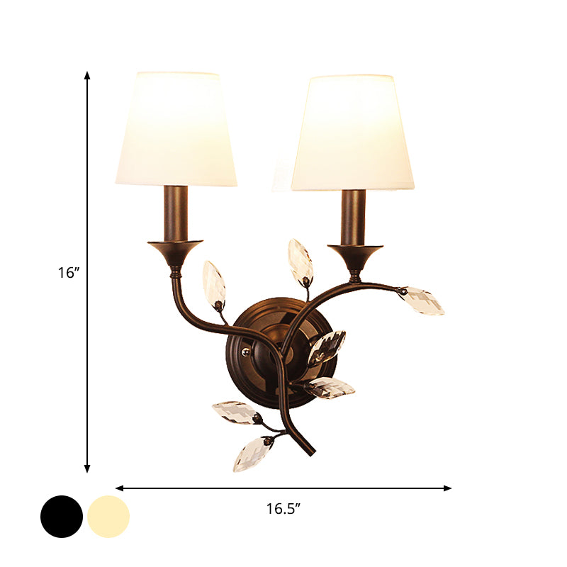 Leave Beveled Crystal Wall Mount Lamp Minimalism 2 Bulbs Black/Gold Wall Lighting Ideas with Conic Fabric Shade