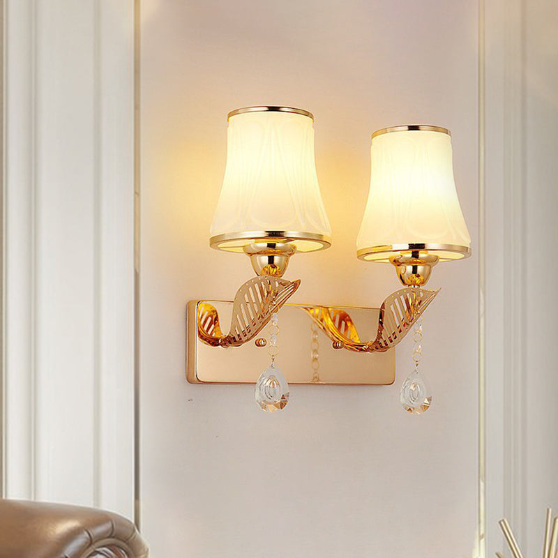 Bell Wall Mounted Light Modernist Opal Glass 2-Head Gold Wall Lighting with Crystal Drop