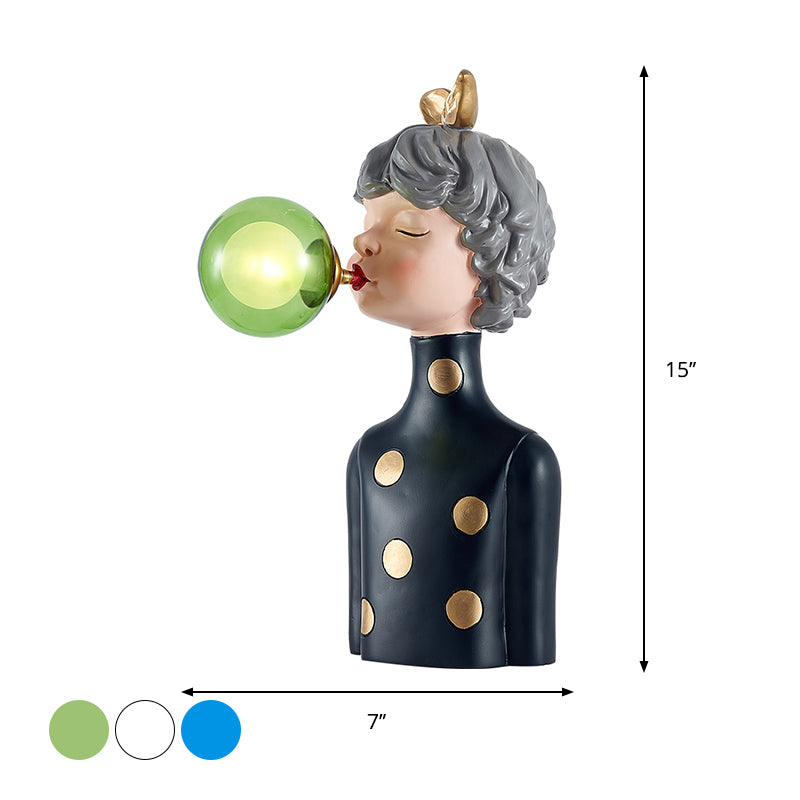Blowing Bubble Girl Resin Desk Light Cartoon 1 Bulb Black Night Lamp with Clear/Blue/Green Glass Shade