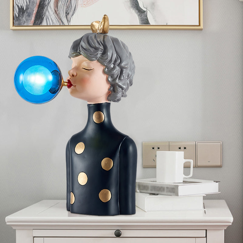 Boule Bubble Girl Resin Desk Cartoon Light 1 Bulbe Black Night lampe avec nuance en verre transparent / bleu / vert