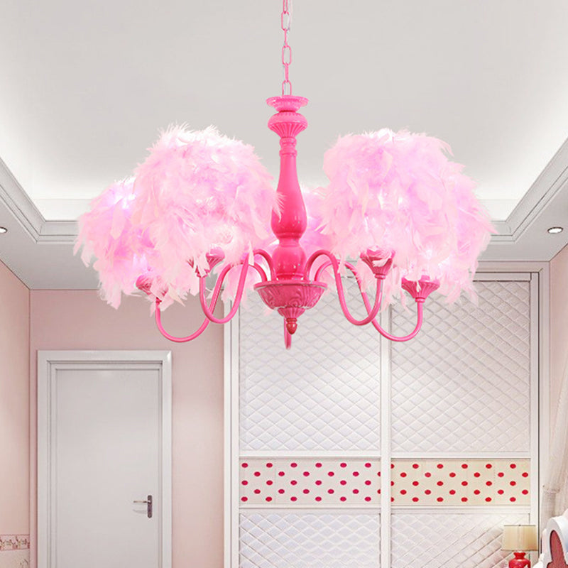 5 lumières Pink Curvy Arm Chandelier Lampe Kids Suspension Metal Suspension avec de l'ombre