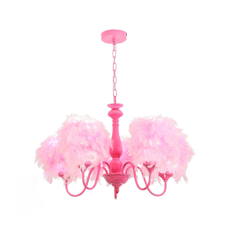 5 lumières Pink Curvy Arm Chandelier Lampe Kids Suspension Metal Suspension avec de l'ombre