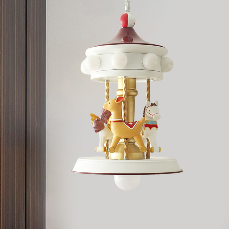 Cartoon 9 Bulbs Pendant Chandelier White Carousel Down Lighting with Metallic Shade