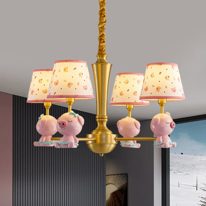 Cone Ceiling Hang Fixture Kids Fabric 4-Light Pink Chandelier Lighting with Piggy Design