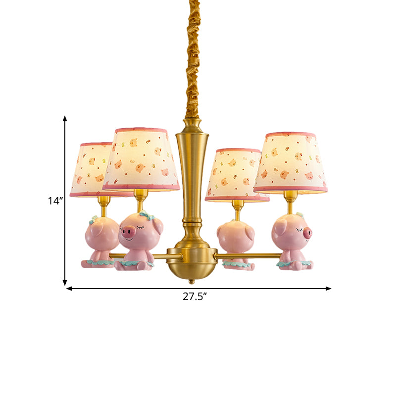 Cone Ceiling Hang Fixture Kids Fabric 4-Light Pink Chandelier Lighting with Piggy Design