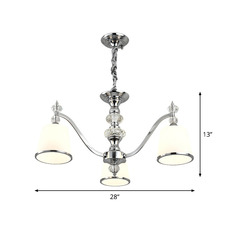 Luce conico bianco in vetro bianco verso il basso 3/6 teste a pendente cromata con braccio curvo