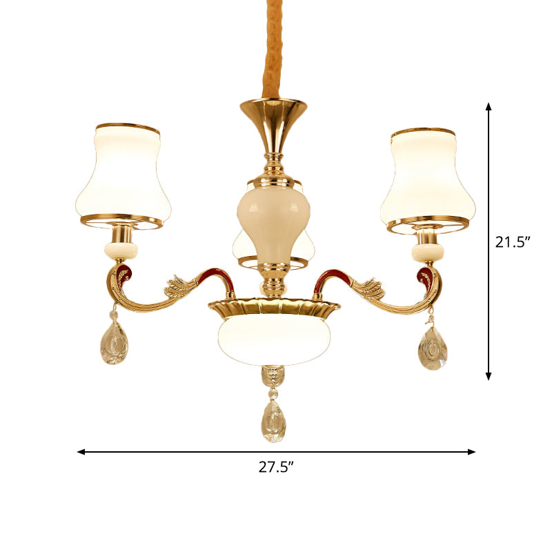 Opalglas gebogener Kegelkegel Kronleuchter Licht zeitgenössischer 3/6 Lampen -Gold -Tropfen -Anhänger mit Kristall -Drop -Deco