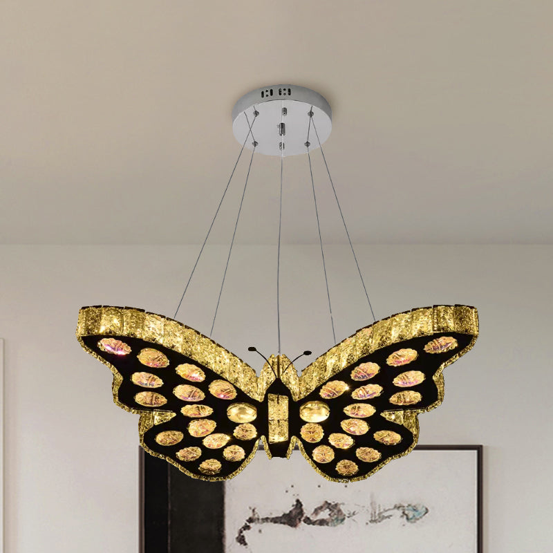 Butterfly Suspension Lighting Modern Clear Crystal LED Black Hanging Chandelier in Warm/White Light