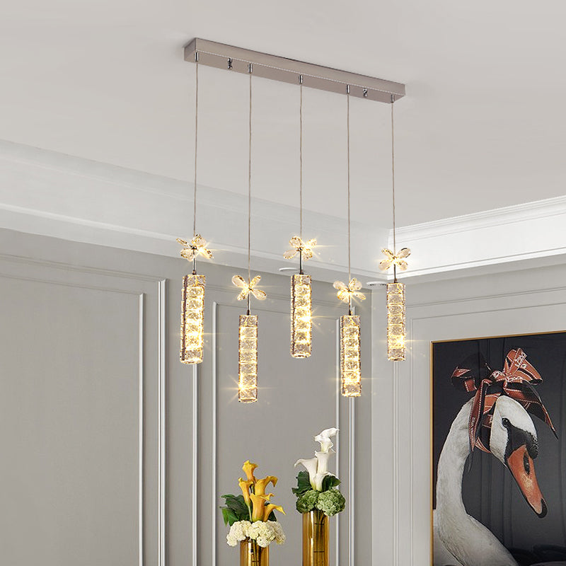 Snijd kristal lineaire en bloem druppellamp Modern LED Multi Pendant Light met ronde/lineaire luifel in chroom