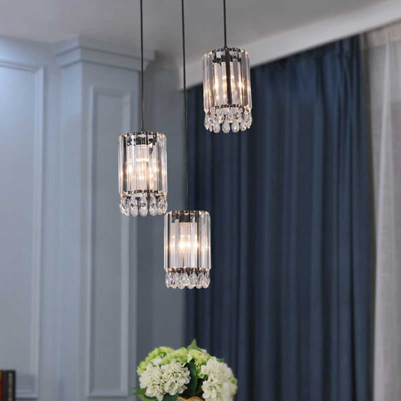 Crystal Prisms Cilinder Down Lighting Minimalistisch 3 koppen 18 "/27" breed zwart multi hanger licht