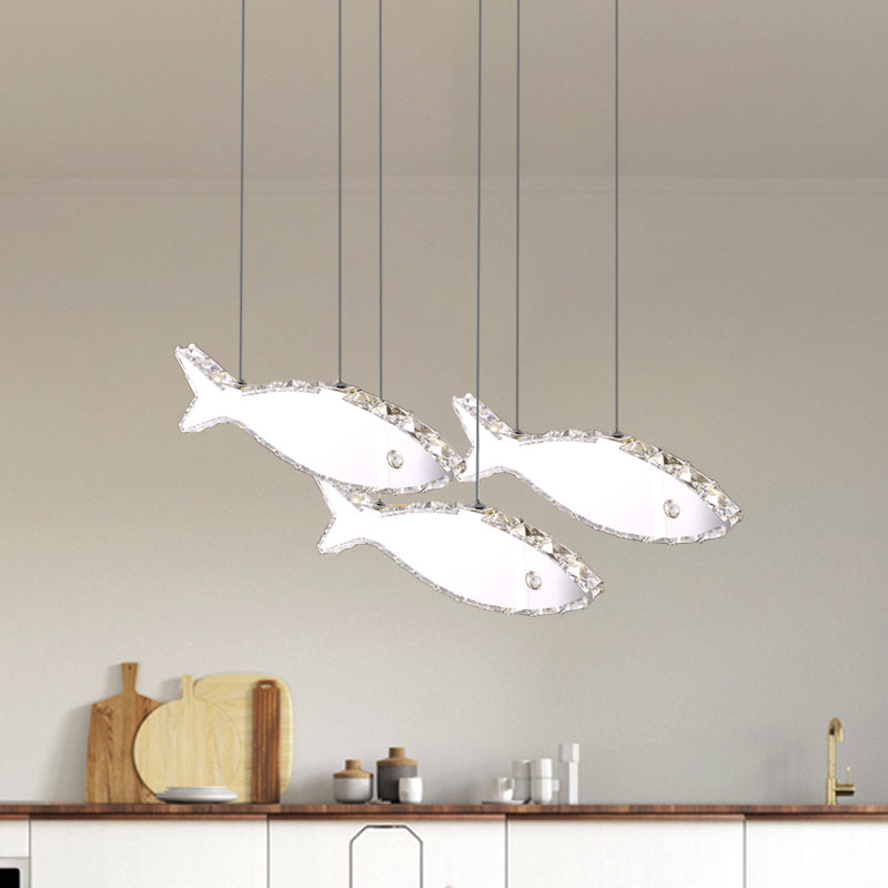Fish Multi Pendant Simple Faceted Crystal 3/6 Heads Bedroom Hanging Lamp Kit in Stainless-Steel, Warm/White Light