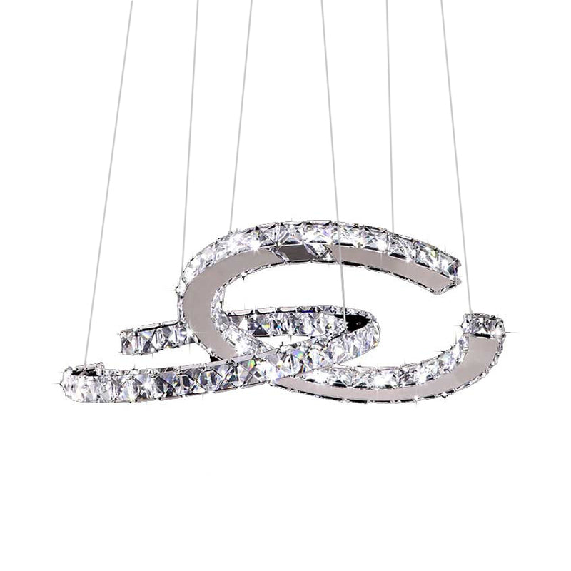 Simplicity LED Hanging Ceiling Lamp Stainless-Steel C-Shape Multi Pendant with Crystal Shade in Warm/White Light
