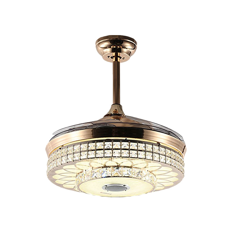 LED LEAL HANGING VENTILLO Luz de oro moderno 4 cuchillas Semi Flush Light con sombra de cristal con faceta redonda, 19 "W