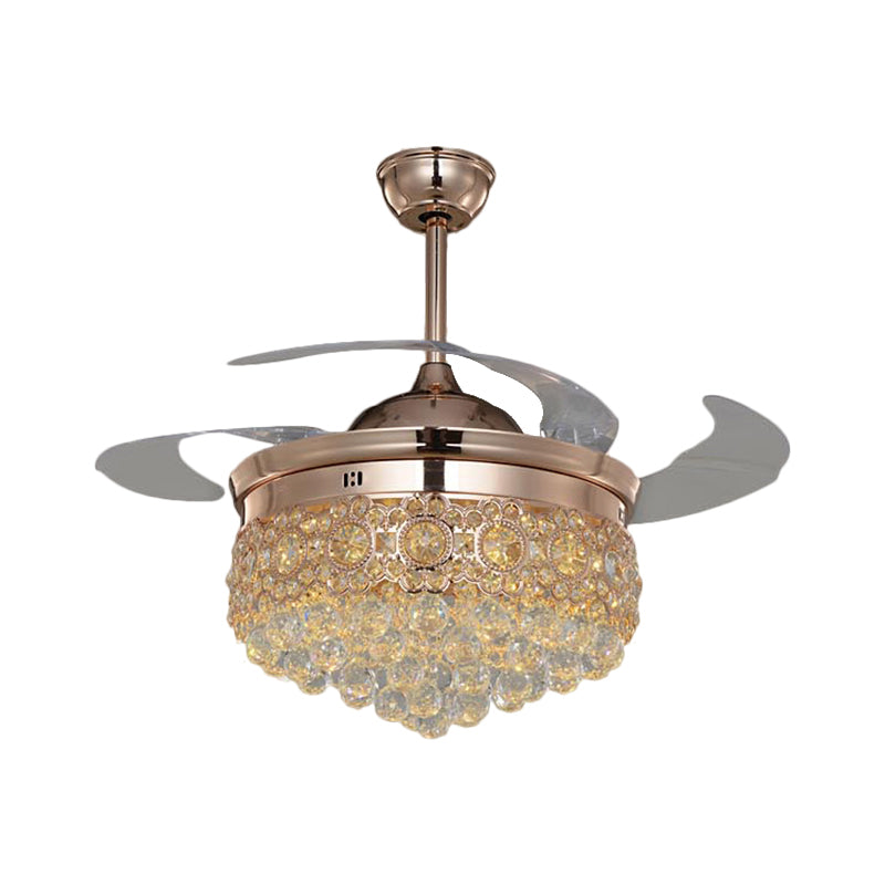 19" W Cascading Semi Flush Lighting Simplicity Beveled Crystal Great Room LED Hanging Fan Lamp in Rose Gold, 4-Blade