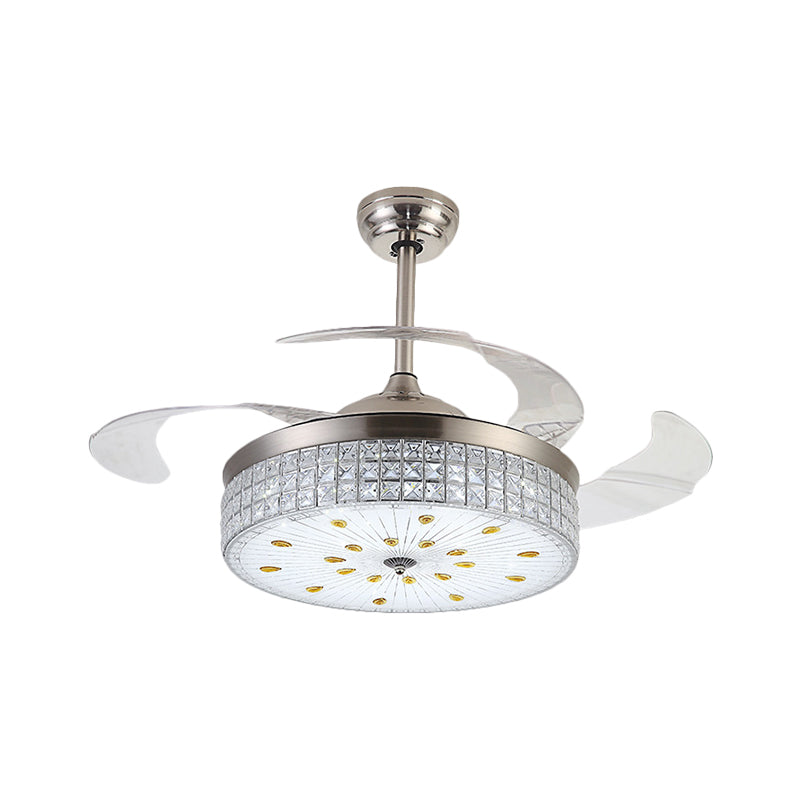 Tambor de vidrio de vidrio esmerilado Modernista Modernista de 19 "W LED Ventilador de colgantes LED con cristal deco en cromo, 4 cuchillas