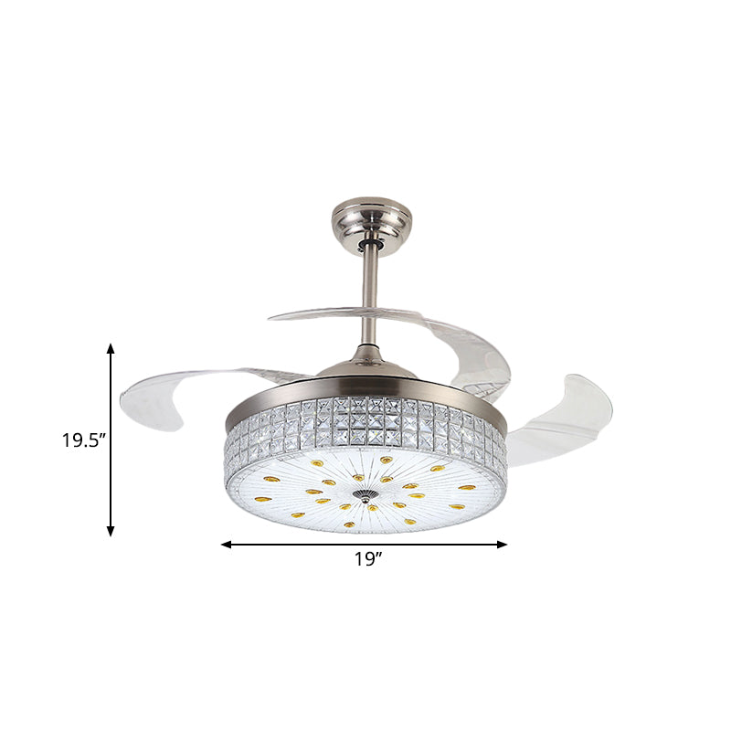 Tambor de vidrio de vidrio esmerilado Modernista Modernista de 19 "W LED Ventilador de colgantes LED con cristal deco en cromo, 4 cuchillas