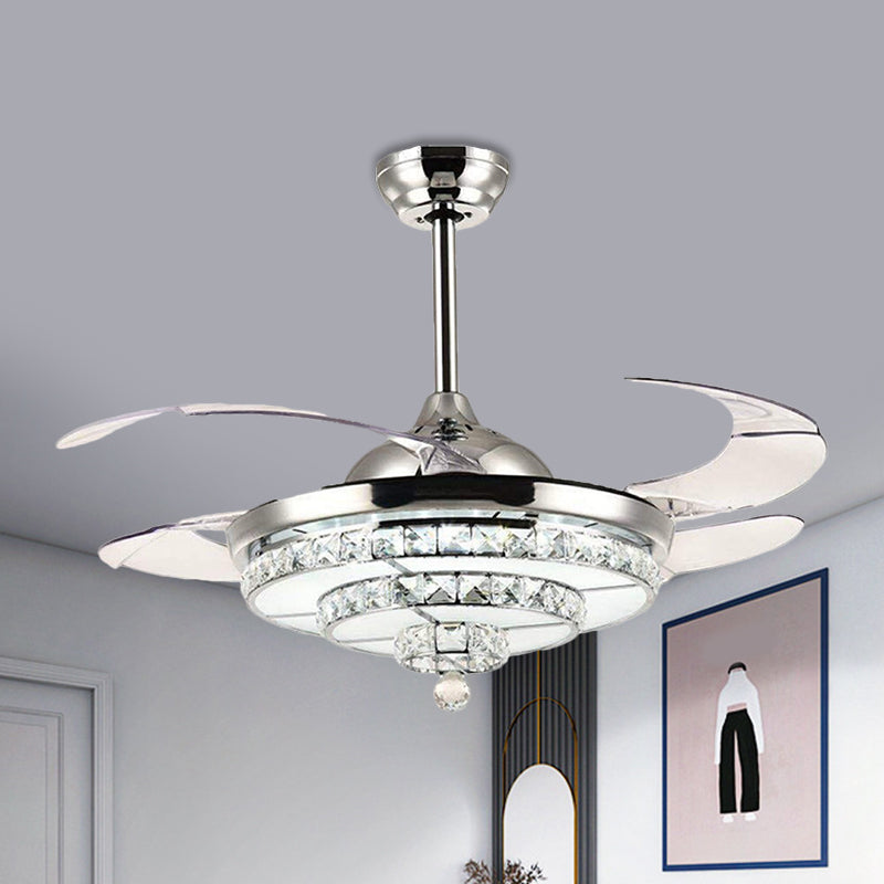 4-Blade-Chrom-LED-LED-Halbflush-zeitgenössische Kristallblock-Deckenlüftungsleuchte, 19 "breit