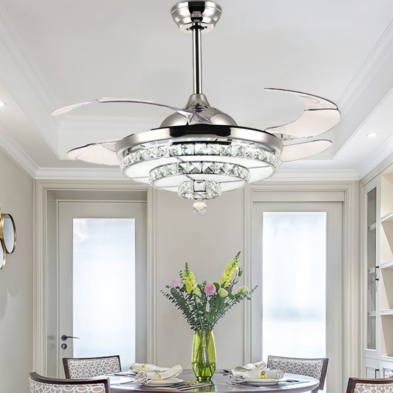 4-Blade-Chrom-LED-LED-Halbflush-zeitgenössische Kristallblock-Deckenlüftungsleuchte, 19 "breit