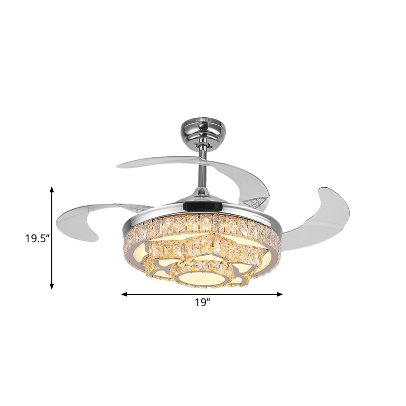 Eenvoudige lotus hangende ventilatorlamp kristalblok 19 "brede led -slaapkamer semi -flush licht in goud/chroom met 4 messen
