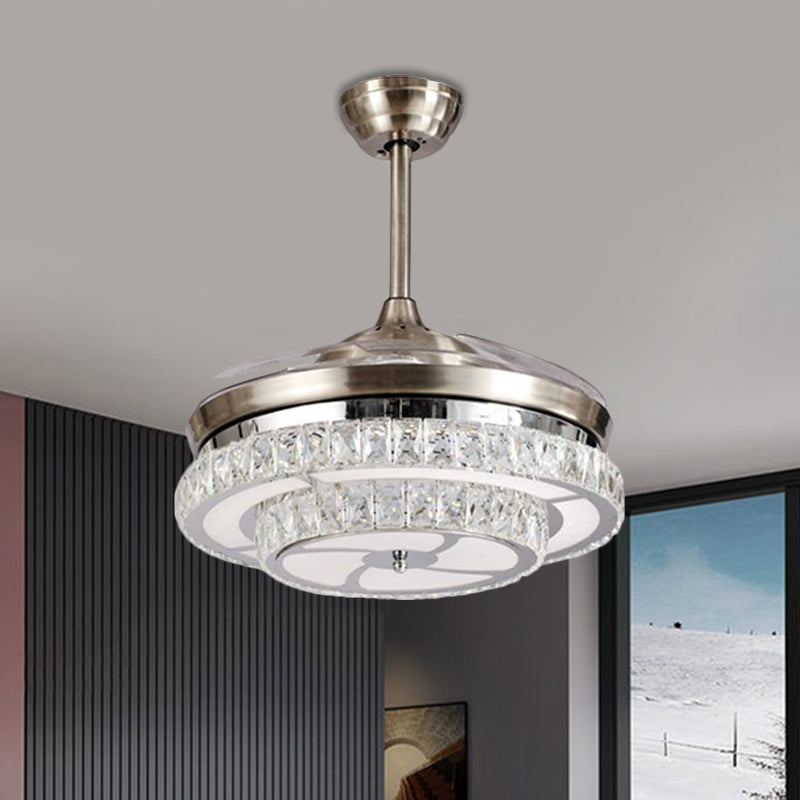 Crystal Block Circle Semi Mount Lighting Modernismus LED Hanging Lüfter Licht in Chrom mit 4-Blade, 19 "breit