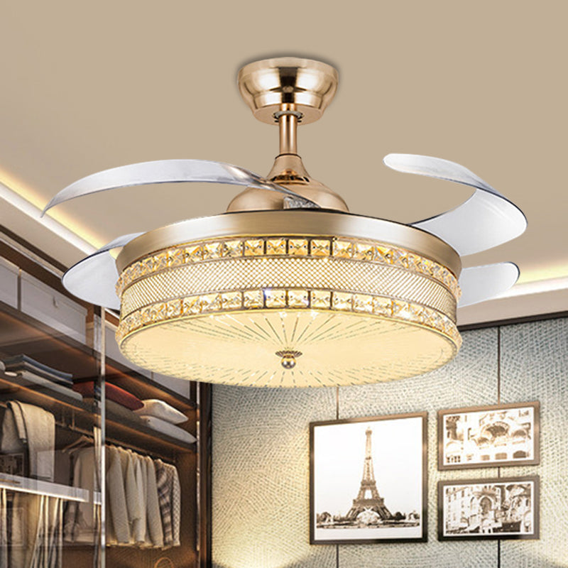 Facetted Crystal Drum Anhänger Lüfter Licht modernist 19 "Breite LED GOLD SEMI BUSCH LAMP mit 4 Klingen