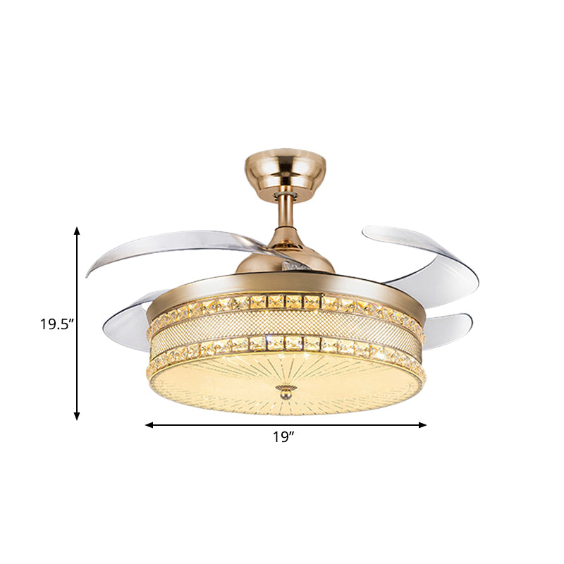 Facetted Crystal Drum Anhänger Lüfter Licht modernist 19 "Breite LED GOLD SEMI BUSCH LAMP mit 4 Klingen