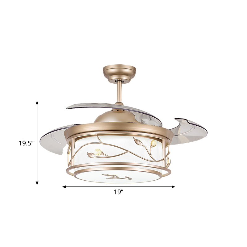 Drum Acrylic Semi Flush Mount Lamp Contemporary 19" W LED Gold Ceiling Fan Light Fixture with Vine Design, 4 Blades