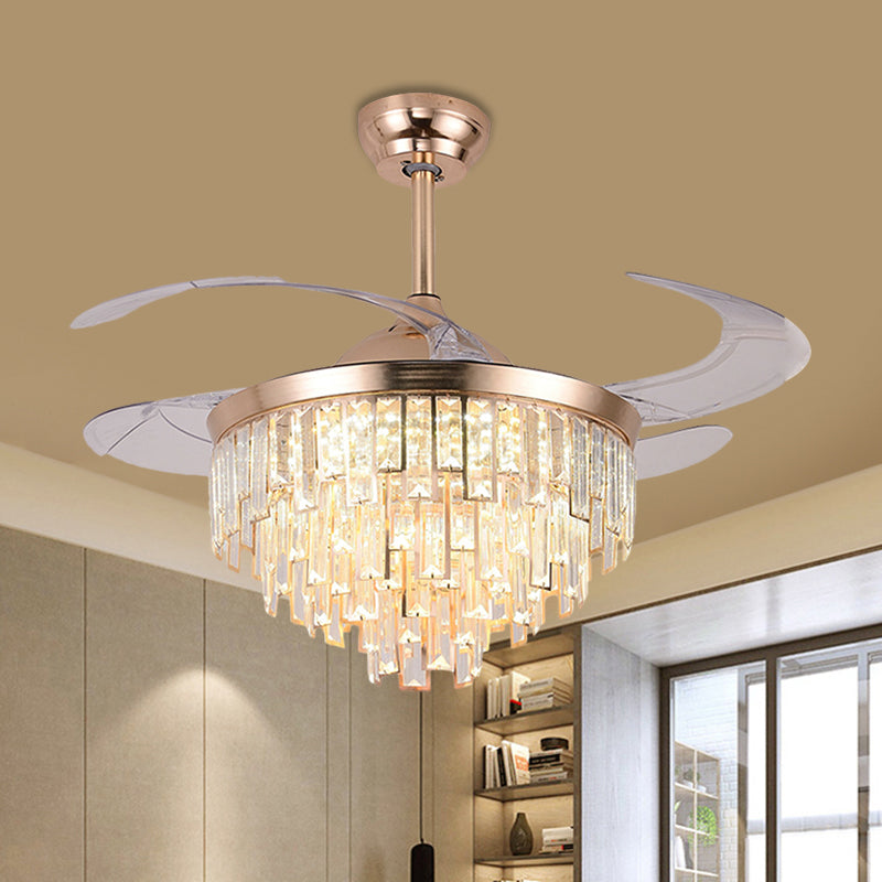 Sich verjüngte LED Semi Flush Mount Einfachheit Kristall Rechteck Roségold 4-Blade Hanging Lüfterlampe, 19 "breit