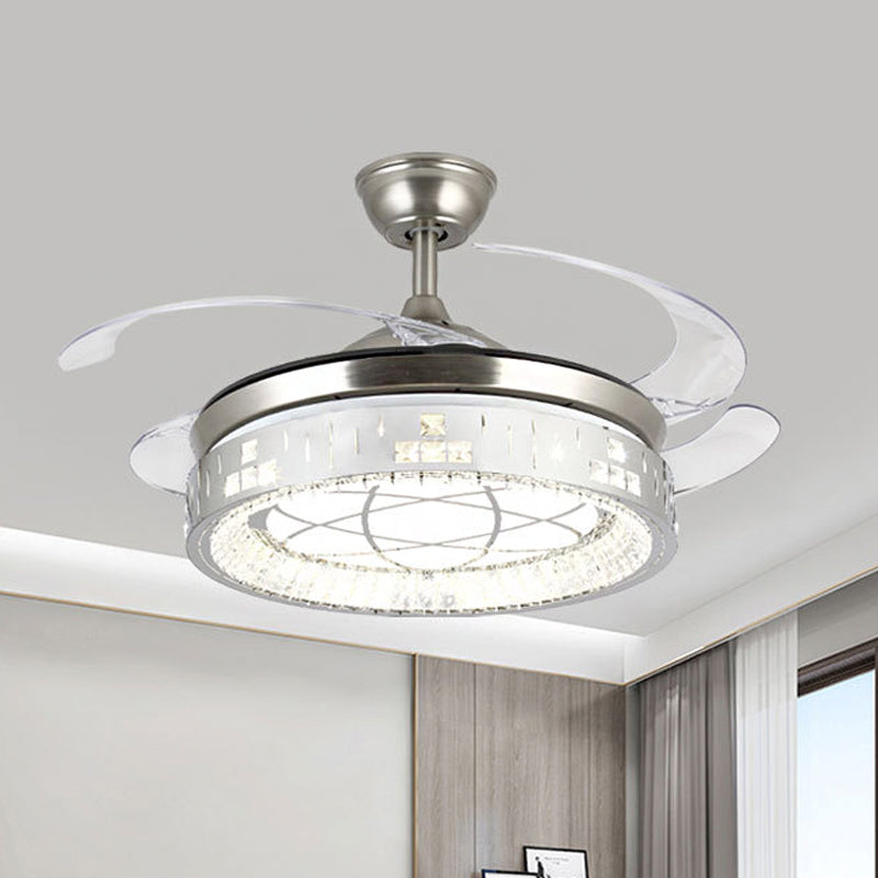 Kreisförmiger Anhänger Lüfter Licht modernes Kristall Rechteck 19 "W LED -Salon Semi Flush Lampe in Nickel mit 4 Klingen