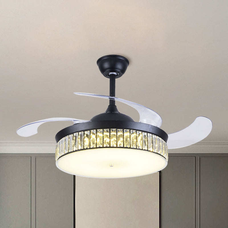 4-Blade-Drum Semi Flush Mount Light Contemporary CRYN CRISTAL 19 "Breite LED LED Black Hanging Lüfterlampe