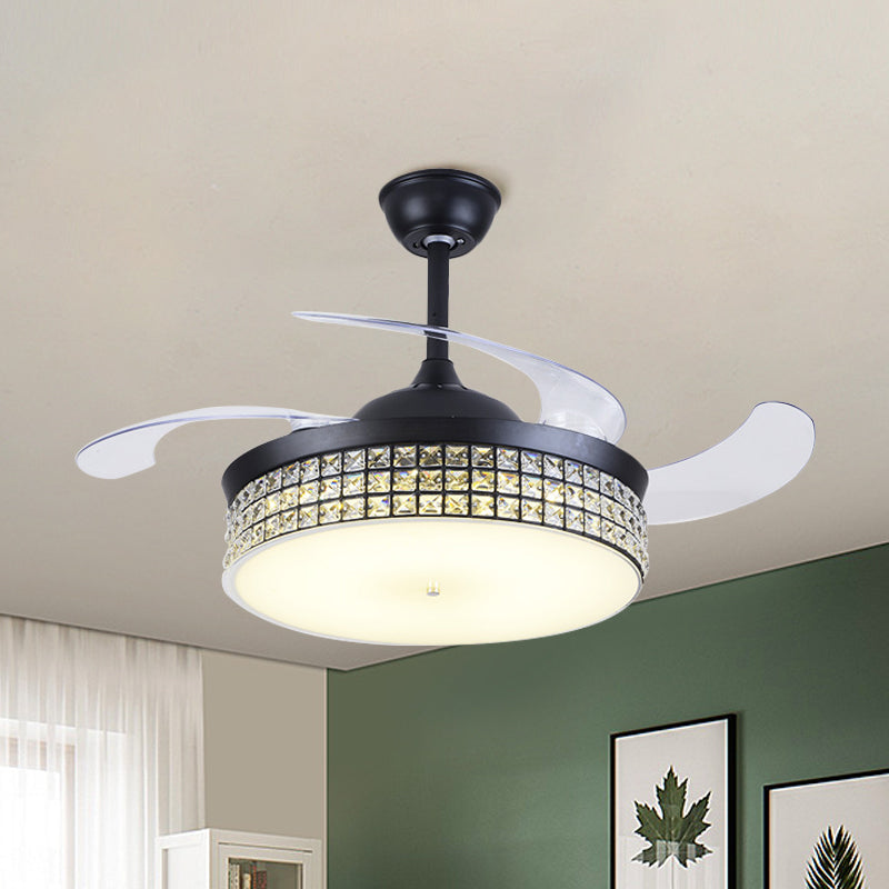 4-Blade-Drum Semi Flush Mount Light Contemporary CRYN CRISTAL 19 "Breite LED LED Black Hanging Lüfterlampe