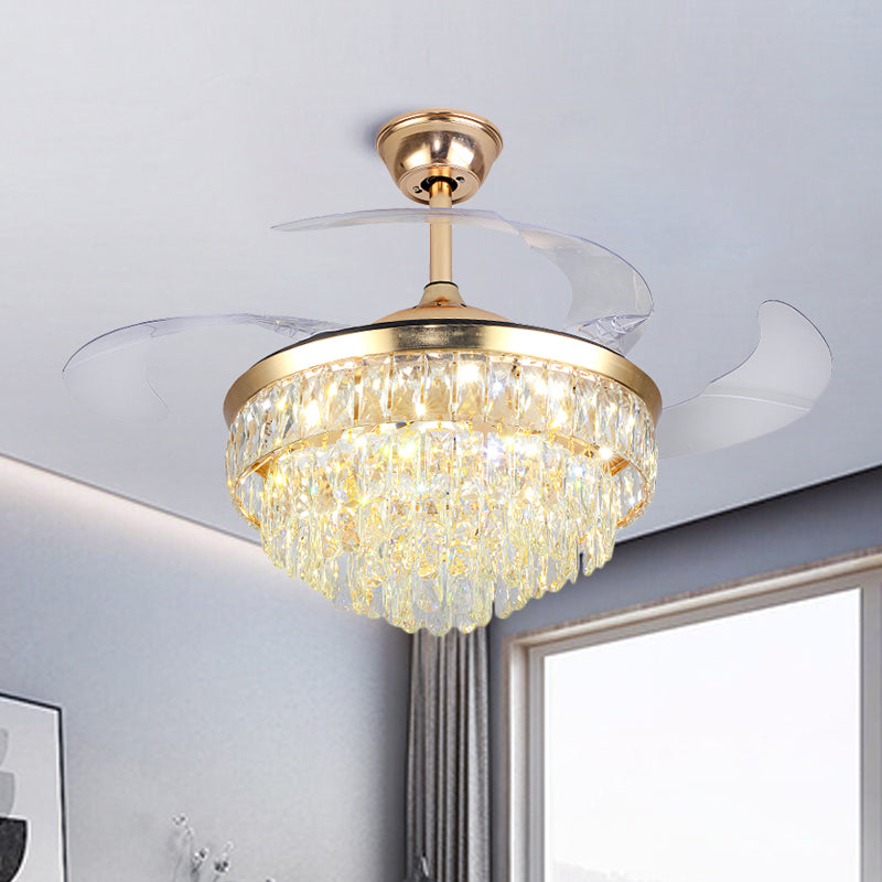 Cascading Deckenventilator Leuchte Einfacher Kristall Rechteck Great Room 19 "W LED Semi Flush in Gold mit 4-Blade