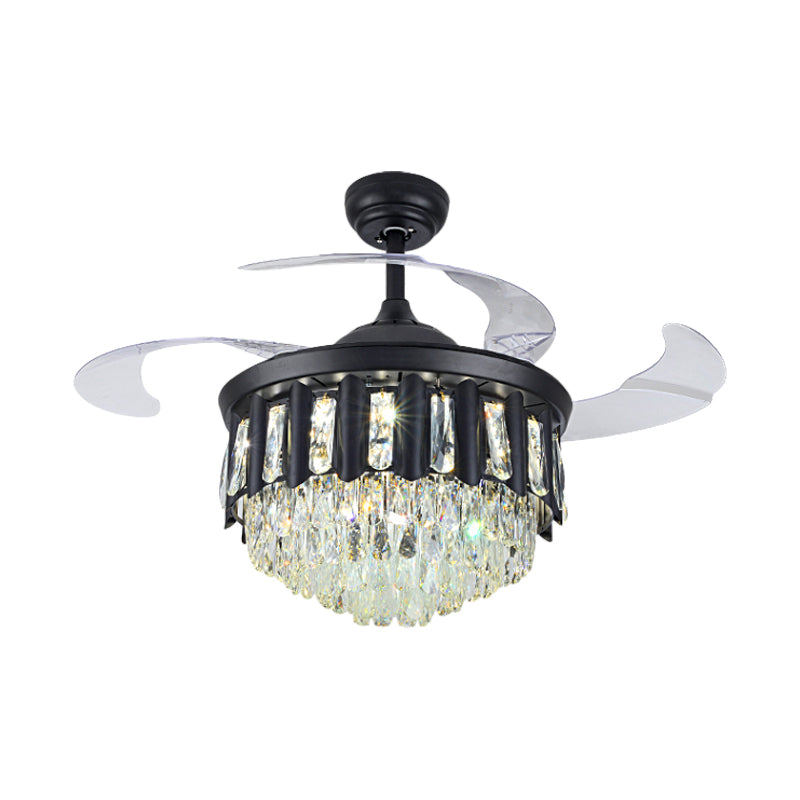 19 "W Moderne taps toelopende semi-spoelmontage Handgesneden kristallen LED Parlor Pendant ventilatorlicht in zwart met 4 messen