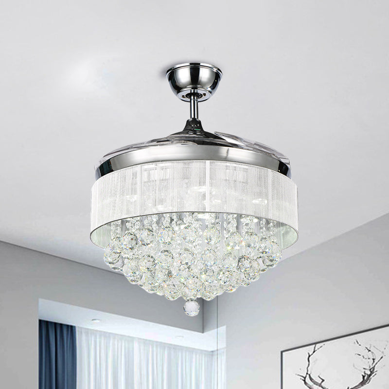 LED 4-blade LED Parlor Semi Mount Lighting Minimalistische witte plafondventilator Lamp met taps toelopende kristalstrengen schaduw, 19 "W