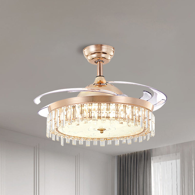 Luce ventilatore a soffitto a cristallo circolare semplice oro a filo a filo con 4 lame, larghezza 19 "