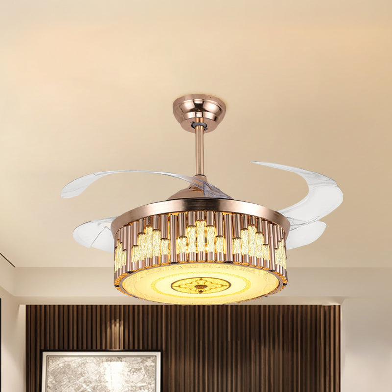 19 "W Drum Parlour Light Fan Fan Freded Crystal LED Modernismo semifulò in oro, 4 lame