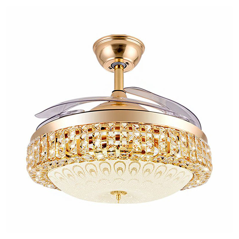 3-Blade einfache LED Hanging Lüfter Leichtgold gewölbter Halbmontagebeleuchtung mit strukturiertem Glasschatten, 19 "Breite